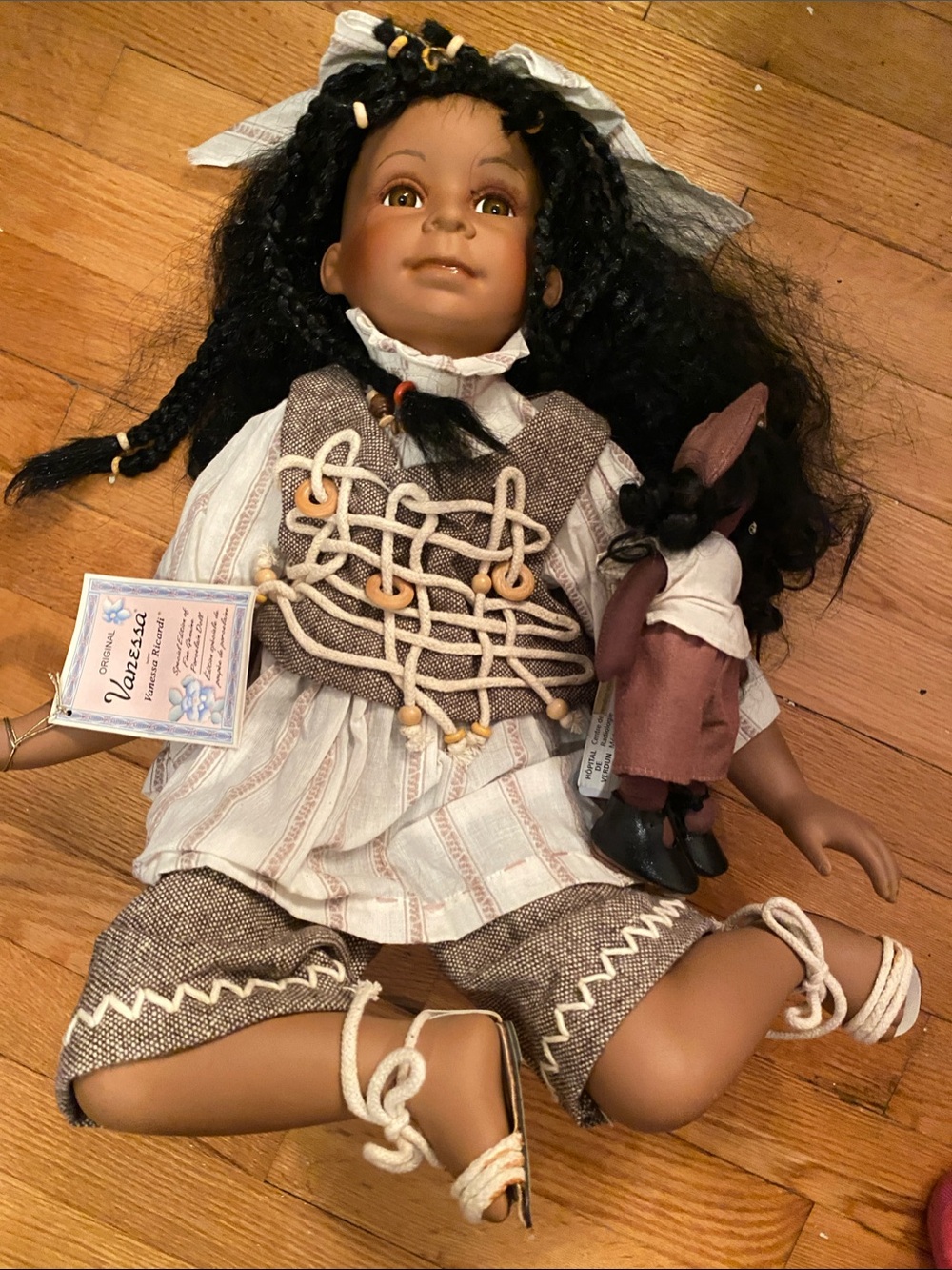 Porcelain Style Kids Doll with Brown Outfit and Cream Accents